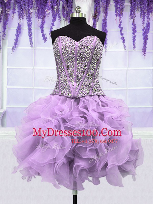 Four Piece Lavender Ball Gowns Sweetheart Sleeveless Organza Floor Length Lace Up Ruffles and Sequins Sweet 16 Dresses