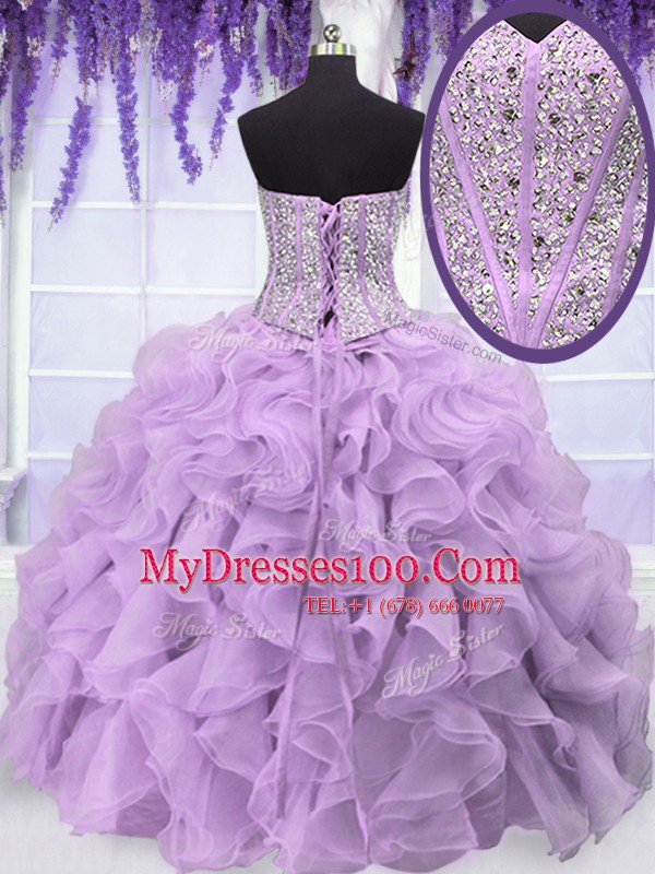 Four Piece Lavender Ball Gowns Sweetheart Sleeveless Organza Floor Length Lace Up Ruffles and Sequins Sweet 16 Dresses