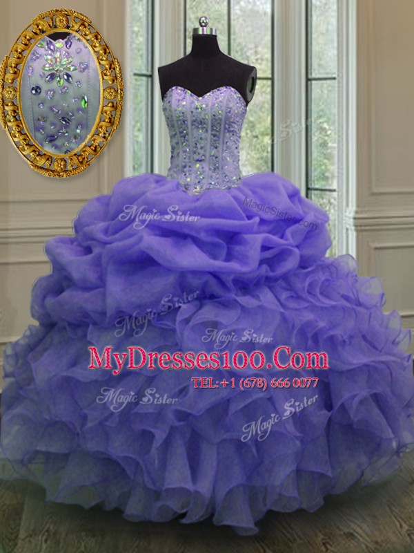 Lavender Organza Lace Up 15 Quinceanera Dress Sleeveless Floor Length Beading and Ruffles and Pick Ups