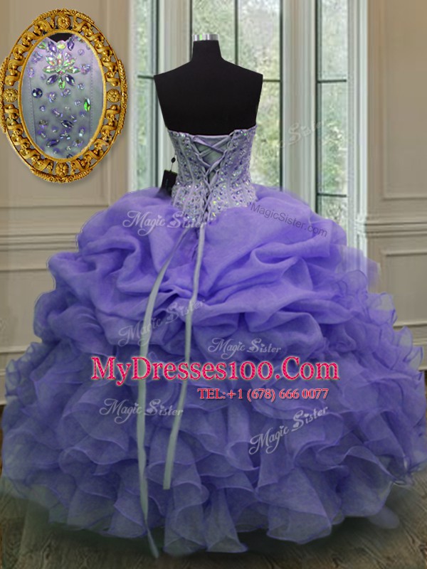 Lavender Organza Lace Up 15 Quinceanera Dress Sleeveless Floor Length Beading and Ruffles and Pick Ups