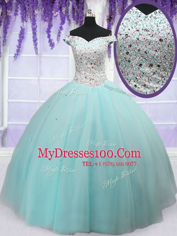 Trendy Off the Shoulder Short Sleeves Lace Up Floor Length Beading Quinceanera Gown