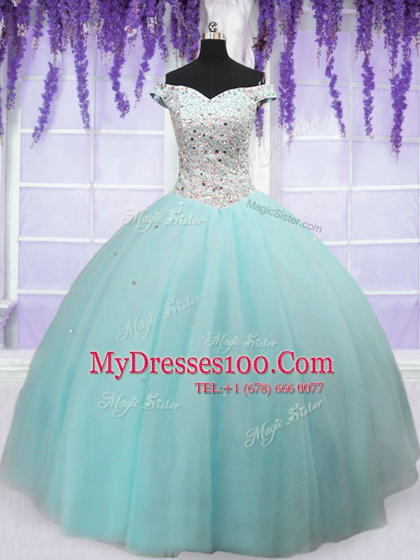 Trendy Off the Shoulder Short Sleeves Lace Up Floor Length Beading Quinceanera Gown