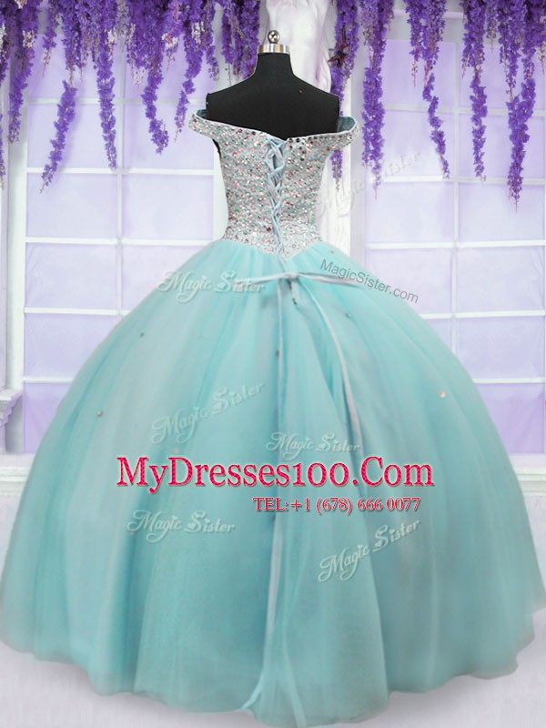 Trendy Off the Shoulder Short Sleeves Lace Up Floor Length Beading Quinceanera Gown