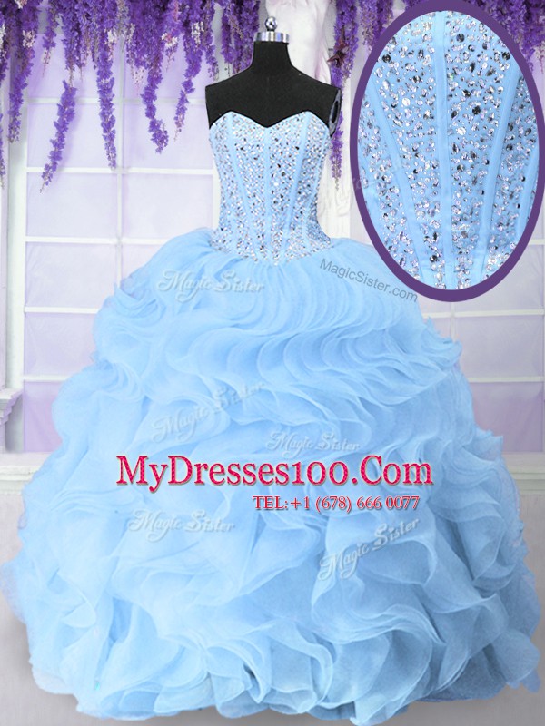 Sweet Floor Length Lace Up Sweet 16 Quinceanera Dress Light Blue for Military Ball and Sweet 16 and Quinceanera with Beading and Ruffles
