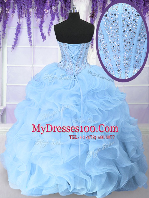Sweet Floor Length Lace Up Sweet 16 Quinceanera Dress Light Blue for Military Ball and Sweet 16 and Quinceanera with Beading and Ruffles