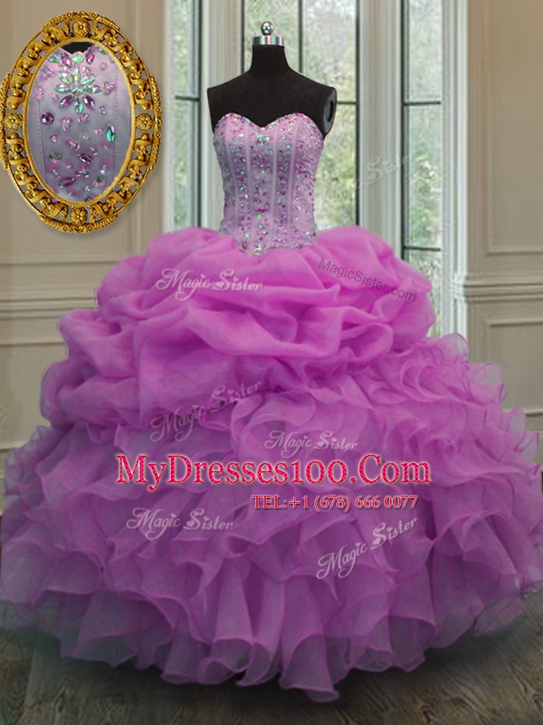 Fancy Sweetheart Sleeveless 15 Quinceanera Dress Floor Length Beading and Ruffles and Pick Ups Lilac Organza