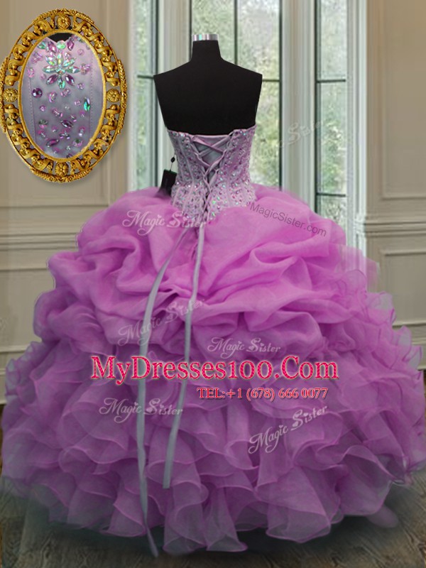 Fancy Sweetheart Sleeveless 15 Quinceanera Dress Floor Length Beading and Ruffles and Pick Ups Lilac Organza