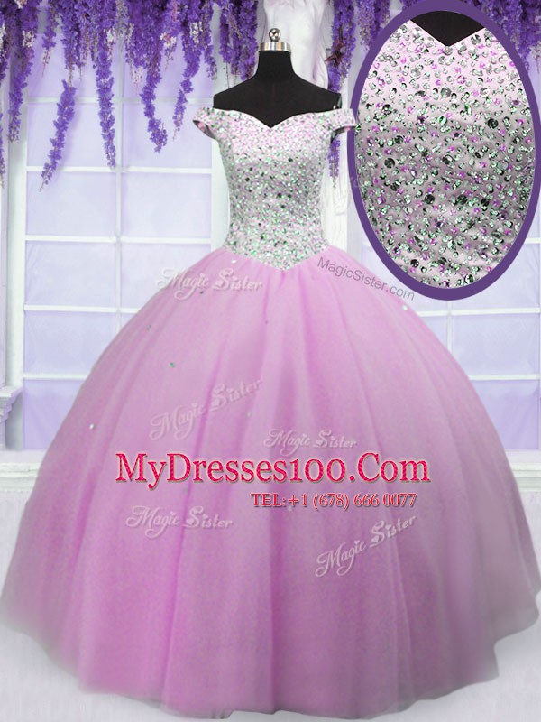 Customized Off The Shoulder Short Sleeves Tulle Quinceanera Gowns Beading Lace Up