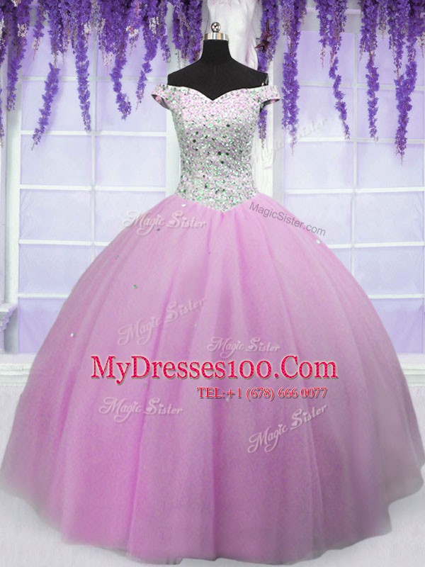 Customized Off The Shoulder Short Sleeves Tulle Quinceanera Gowns Beading Lace Up