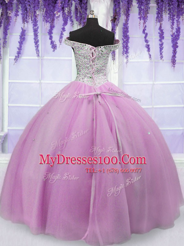 Customized Off The Shoulder Short Sleeves Tulle Quinceanera Gowns Beading Lace Up