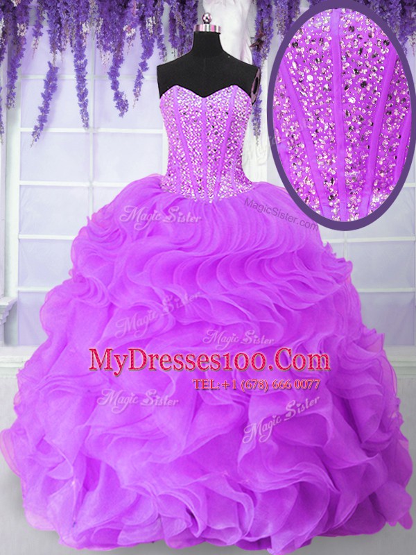 Lilac Sleeveless Organza Lace Up Quinceanera Dresses for Military Ball and Sweet 16 and Quinceanera