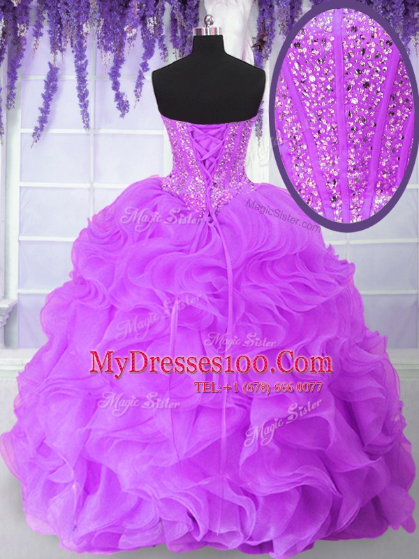 Lilac Sleeveless Organza Lace Up Quinceanera Dresses for Military Ball and Sweet 16 and Quinceanera