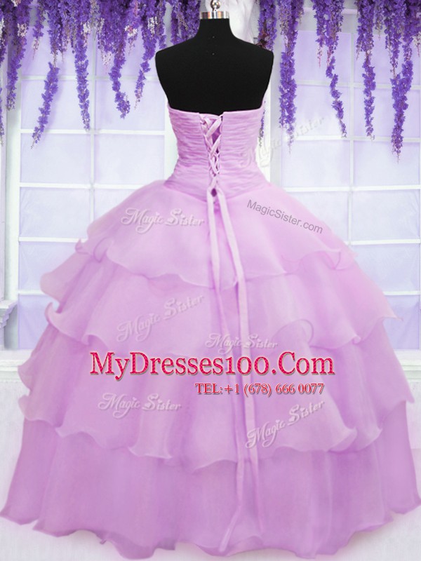 Free and Easy Organza Sweetheart Sleeveless Lace Up Beading and Ruffled Layers and Hand Made Flower Sweet 16 Quinceanera Dress in Lilac
