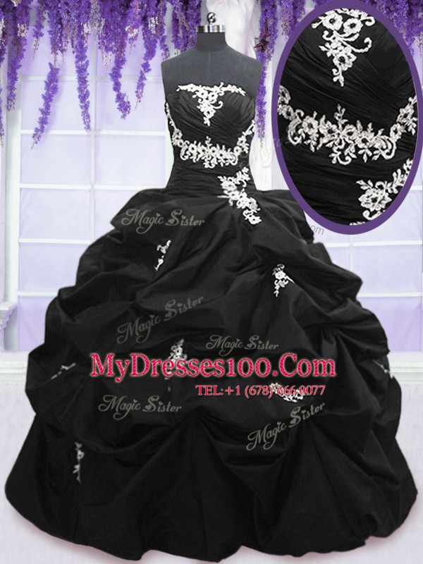 Floor Length Lace Up Vestidos de Quinceanera Black for Military Ball and Sweet 16 and Quinceanera with Appliques and Pick Ups