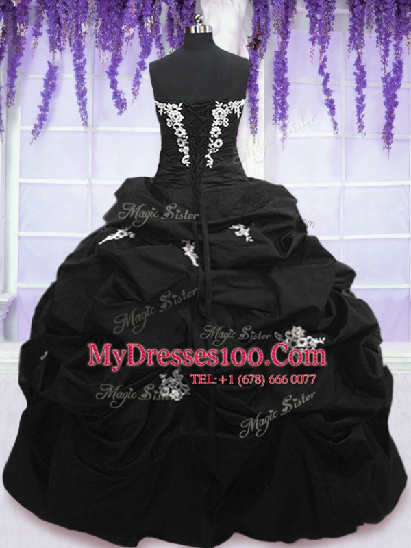 Floor Length Lace Up Vestidos de Quinceanera Black for Military Ball and Sweet 16 and Quinceanera with Appliques and Pick Ups