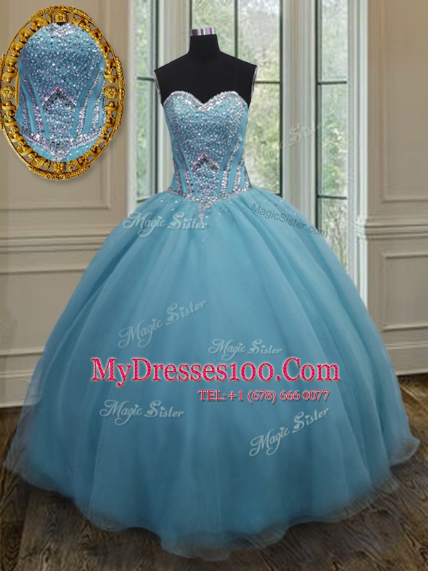 Exceptional Floor Length Baby Blue Quinceanera Gowns Sweetheart Sleeveless Lace Up
