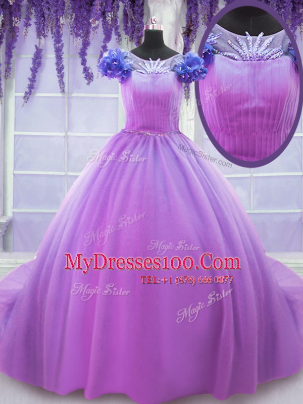 On Sale Scoop Lilac Short Sleeves Hand Made Flower Floor Length Sweet 16 Dresses