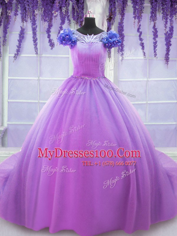 On Sale Scoop Lilac Short Sleeves Hand Made Flower Floor Length Sweet 16 Dresses