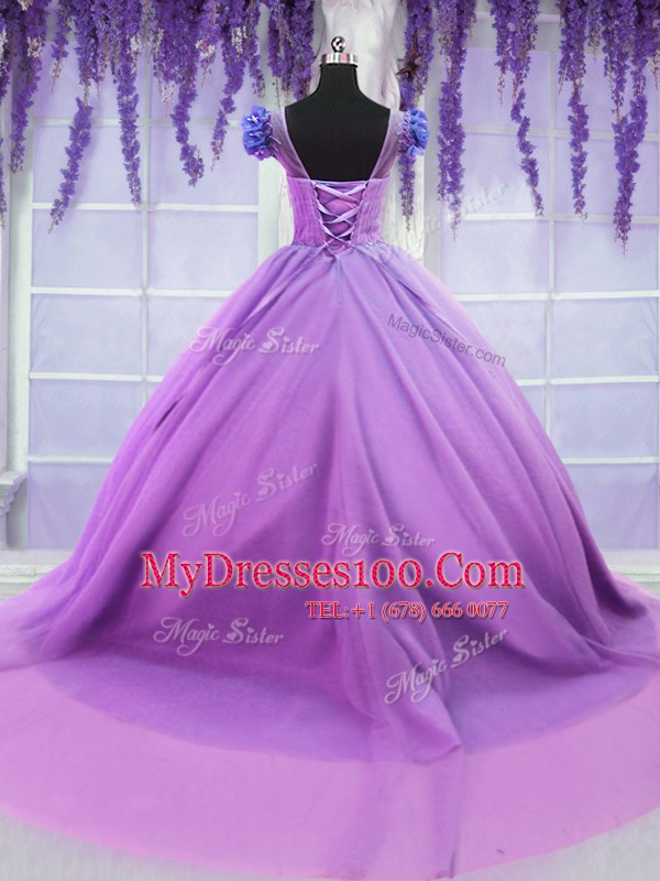 On Sale Scoop Lilac Short Sleeves Hand Made Flower Floor Length Sweet 16 Dresses