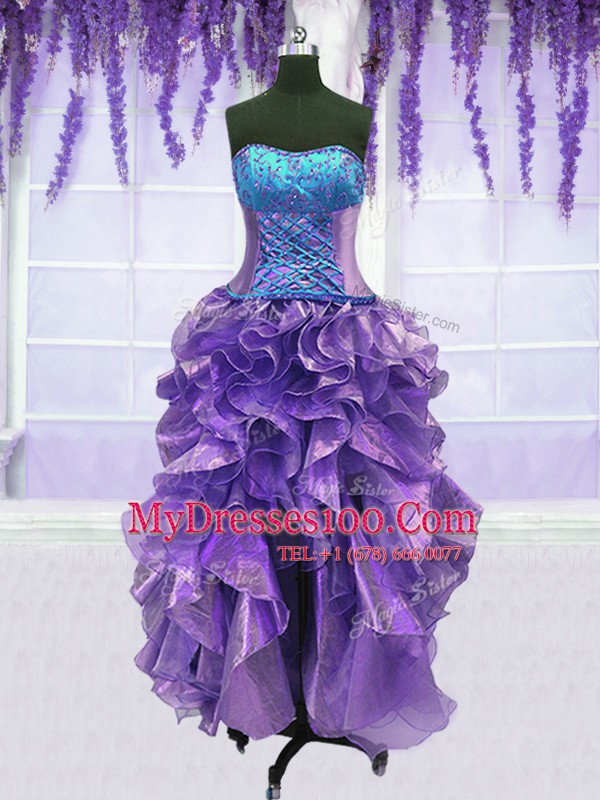 Traditional Four Piece Strapless Sleeveless Organza Quinceanera Dress Embroidery and Ruffles Lace Up