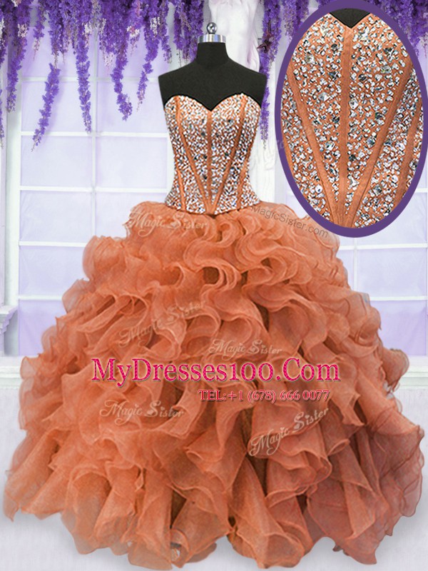 Rust Red Ball Gowns Organza Sweetheart Sleeveless Beading and Ruffles Floor Length Lace Up Quince Ball Gowns