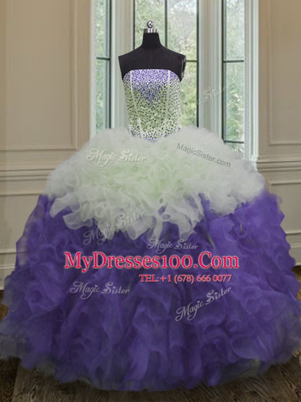 White And Purple Ball Gowns Organza Strapless Sleeveless Beading and Ruffles Floor Length Lace Up Vestidos de Quinceanera
