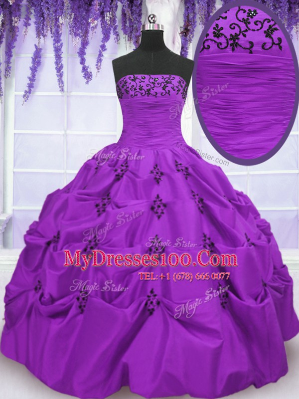 Fashion Taffeta Sleeveless Floor Length Sweet 16 Dress and Embroidery and Pick Ups