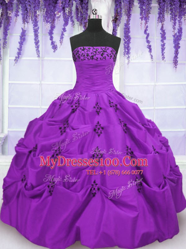 Fashion Taffeta Sleeveless Floor Length Sweet 16 Dress and Embroidery and Pick Ups