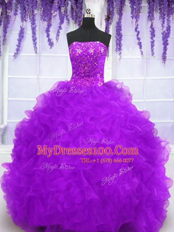 Attractive Eggplant Purple Ball Gowns Strapless Sleeveless Organza With Brush Train Lace Up Beading and Appliques and Ruffles Sweet 16 Quinceanera Dress