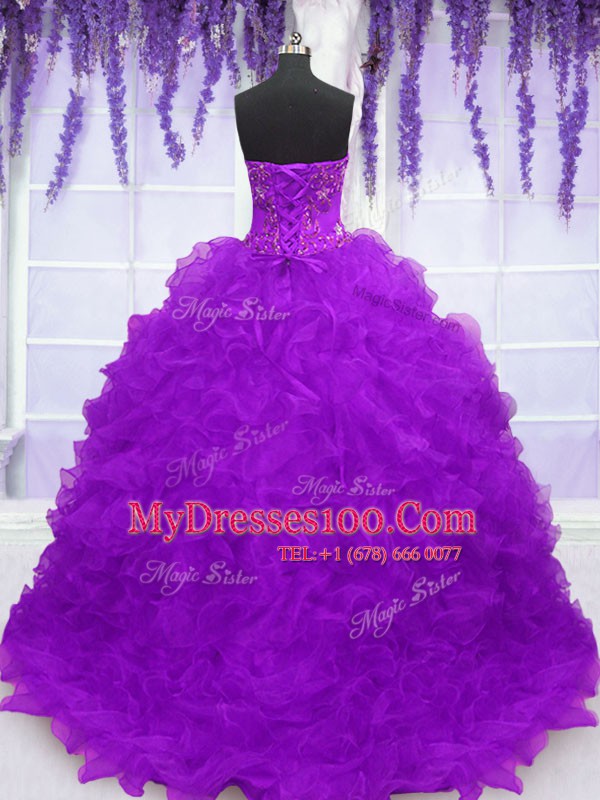Attractive Eggplant Purple Ball Gowns Strapless Sleeveless Organza With Brush Train Lace Up Beading and Appliques and Ruffles Sweet 16 Quinceanera Dress