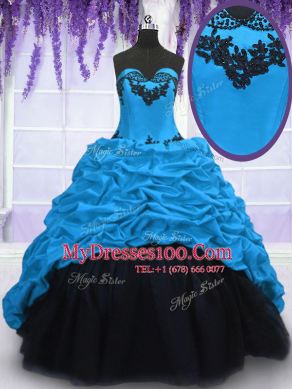 Sexy Blue Sleeveless Sweep Train Appliques and Pick Ups With Train Vestidos de Quinceanera