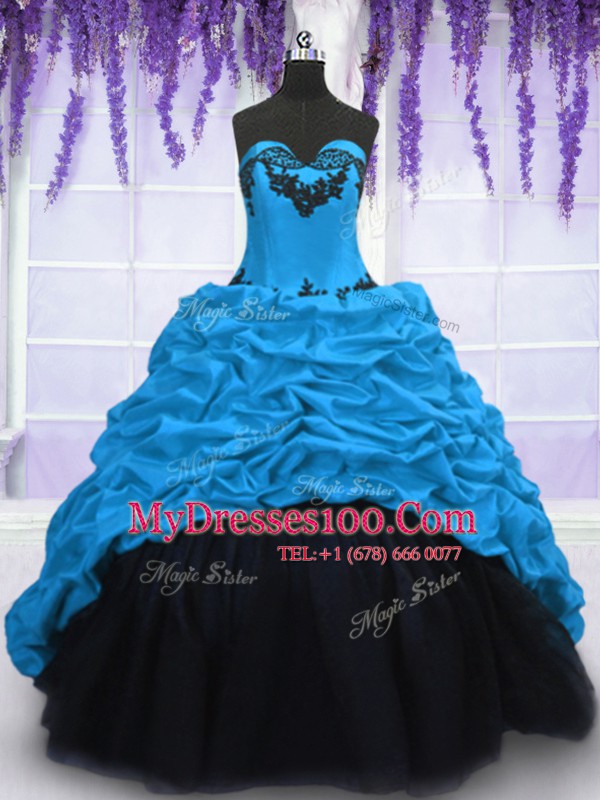Sexy Blue Sleeveless Sweep Train Appliques and Pick Ups With Train Vestidos de Quinceanera