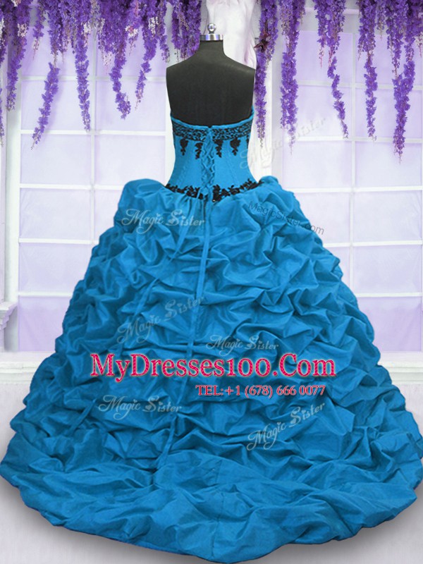 Sexy Blue Sleeveless Sweep Train Appliques and Pick Ups With Train Vestidos de Quinceanera