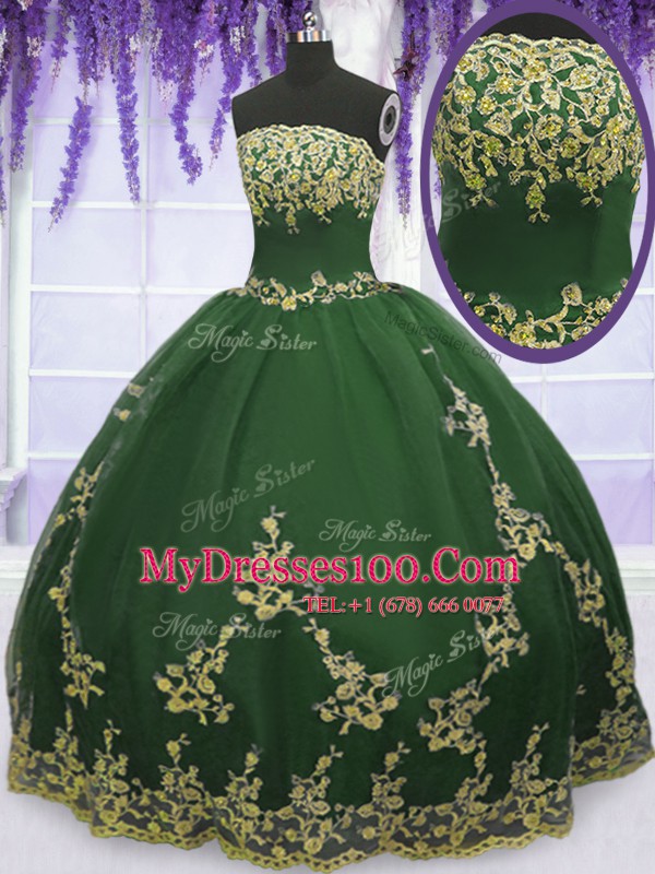Elegant Dark Green Quinceanera Dress Military Ball and Sweet 16 and Quinceanera and For with Appliques Strapless Sleeveless Zipper