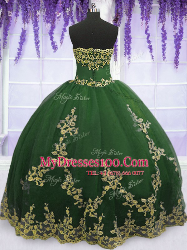 Elegant Dark Green Quinceanera Dress Military Ball and Sweet 16 and Quinceanera and For with Appliques Strapless Sleeveless Zipper