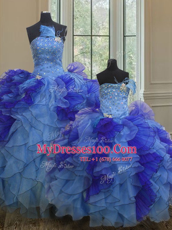 Multi-color Organza Lace Up Strapless Sleeveless Floor Length Sweet 16 Quinceanera Dress Beading and Ruffles