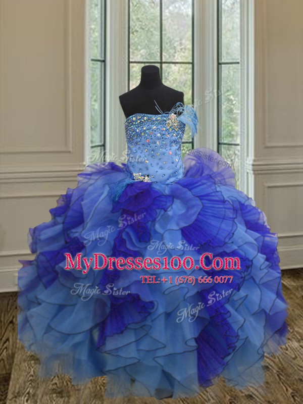 Multi-color Organza Lace Up Strapless Sleeveless Floor Length Sweet 16 Quinceanera Dress Beading and Ruffles