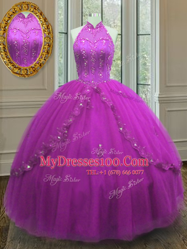 Floor Length Fuchsia Ball Gown Prom Dress High-neck Sleeveless Lace Up