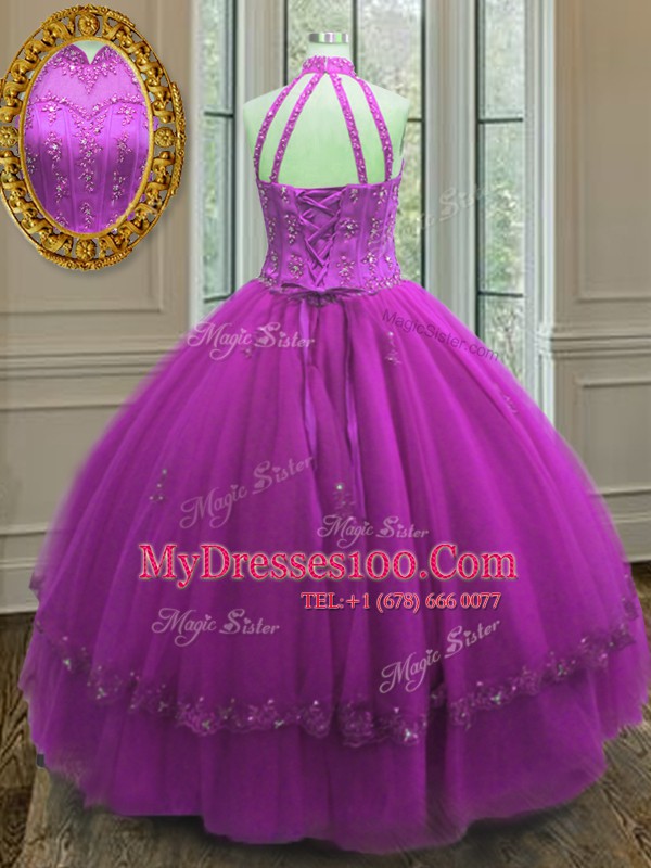 Floor Length Fuchsia Ball Gown Prom Dress High-neck Sleeveless Lace Up