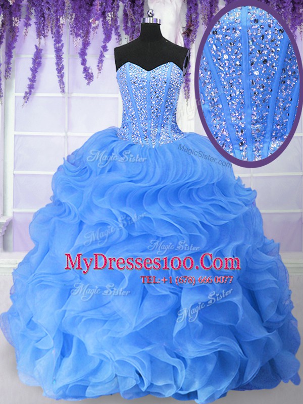 Sleeveless Organza Floor Length Lace Up Quinceanera Gown in Blue with Ruffles and Sequins