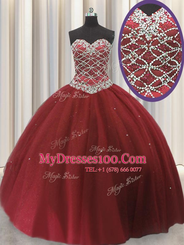 Admirable Red Lace Up Ball Gown Prom Dress Beading and Sequins Sleeveless Floor Length