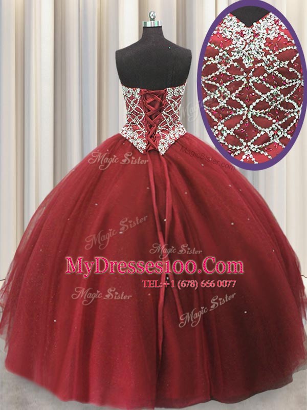Admirable Red Lace Up Ball Gown Prom Dress Beading and Sequins Sleeveless Floor Length