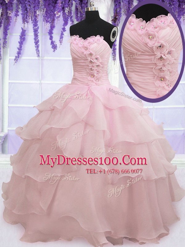 Organza Sweetheart Sleeveless Lace Up Ruffled Layers Sweet 16 Dress in Baby Pink