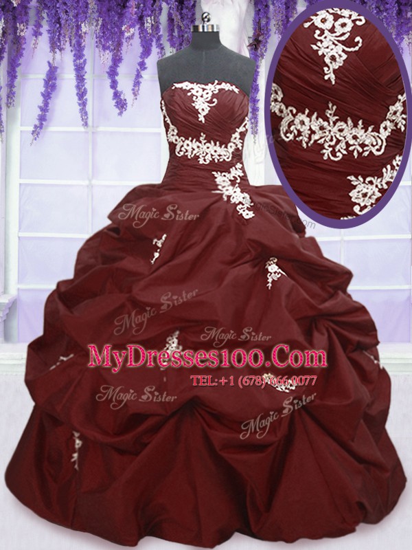 Burgundy Sleeveless Appliques and Pick Ups Floor Length Sweet 16 Dress