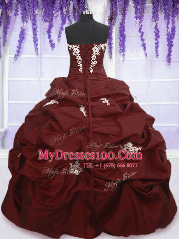 Burgundy Sleeveless Appliques and Pick Ups Floor Length Sweet 16 Dress