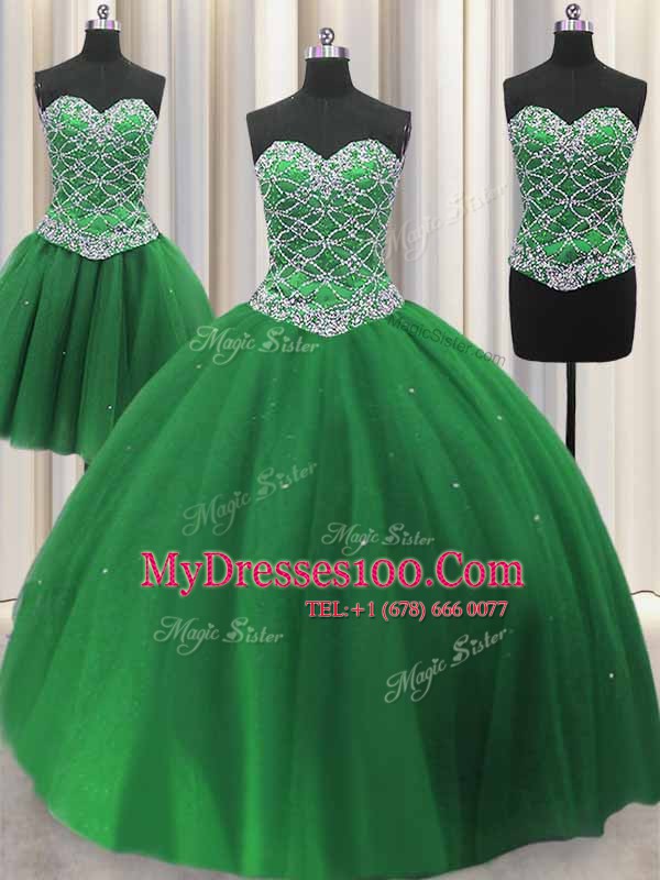 Three Piece Sequins Green Sleeveless Tulle Lace Up Quinceanera Gowns for Military Ball and Sweet 16 and Quinceanera