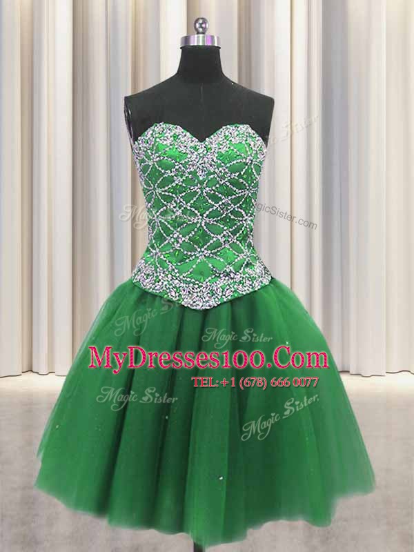 Three Piece Sequins Green Sleeveless Tulle Lace Up Quinceanera Gowns for Military Ball and Sweet 16 and Quinceanera