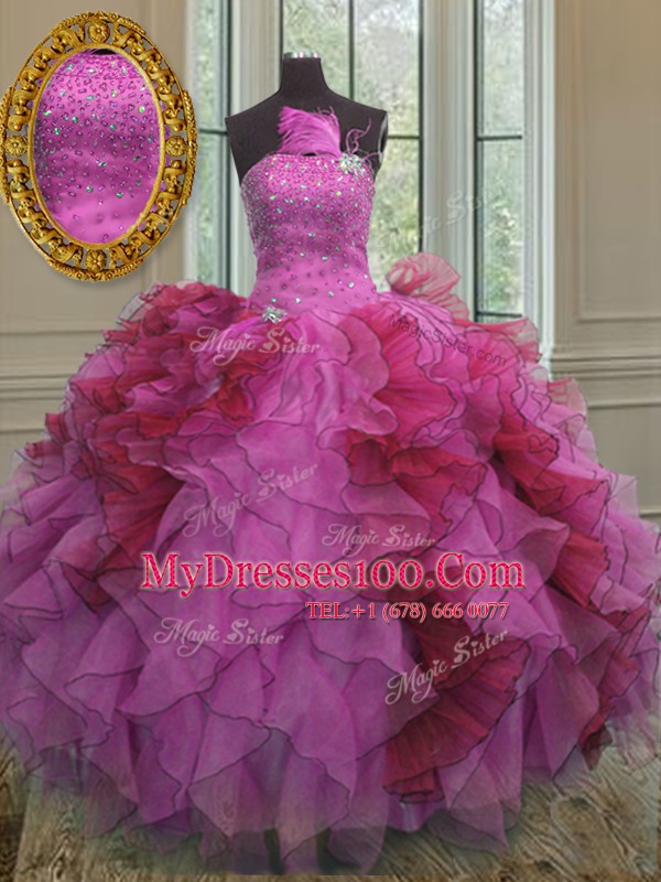 Nice Sequins Multi-color Sleeveless Organza Lace Up Sweet 16 Quinceanera Dress for Military Ball and Sweet 16 and Quinceanera