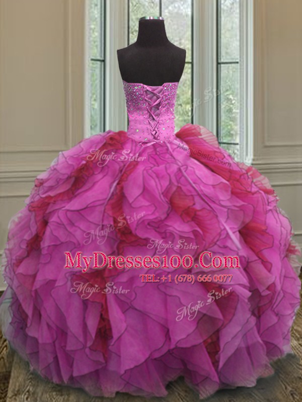 Nice Sequins Multi-color Sleeveless Organza Lace Up Sweet 16 Quinceanera Dress for Military Ball and Sweet 16 and Quinceanera