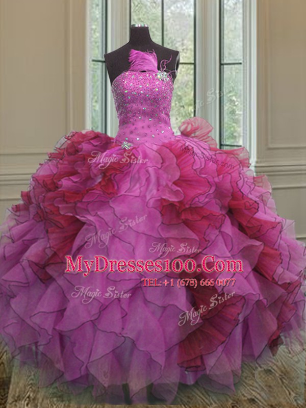 Nice Sequins Multi-color Sleeveless Organza Lace Up Sweet 16 Quinceanera Dress for Military Ball and Sweet 16 and Quinceanera
